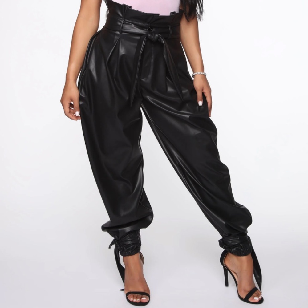 Fashion Nova Paper Bag Waist Faux Leather Pants in Black